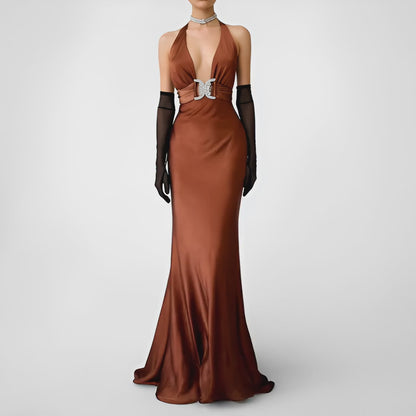 Vintage Brown Halter Plunging V-Neck Bodycon Maxi Prom Dress Size S