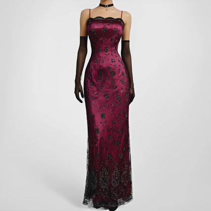 Vintage Y2K Bungundy Red Floral Beaded Sequin Mesh Bodycon Maxi Prom Dress L