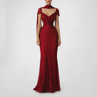 Vintage Red Beaded Fit Flared Silk Bodycon Maxi Prom Scarf Dress Size S/M
