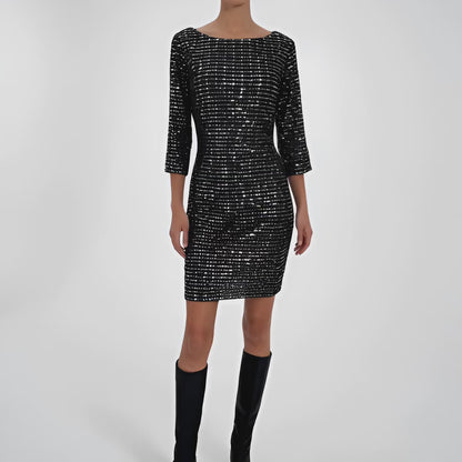 Vintage Y2K Gray Metallic Sequin Knee Length 3/4 Sleeve Cocktail Dress Size L