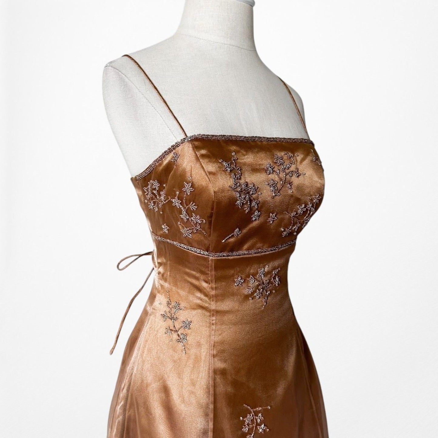 Vintage Y2K 90s Brown Floral Beaded Organza Flared Ombre Maxi Prom Dress XS/S