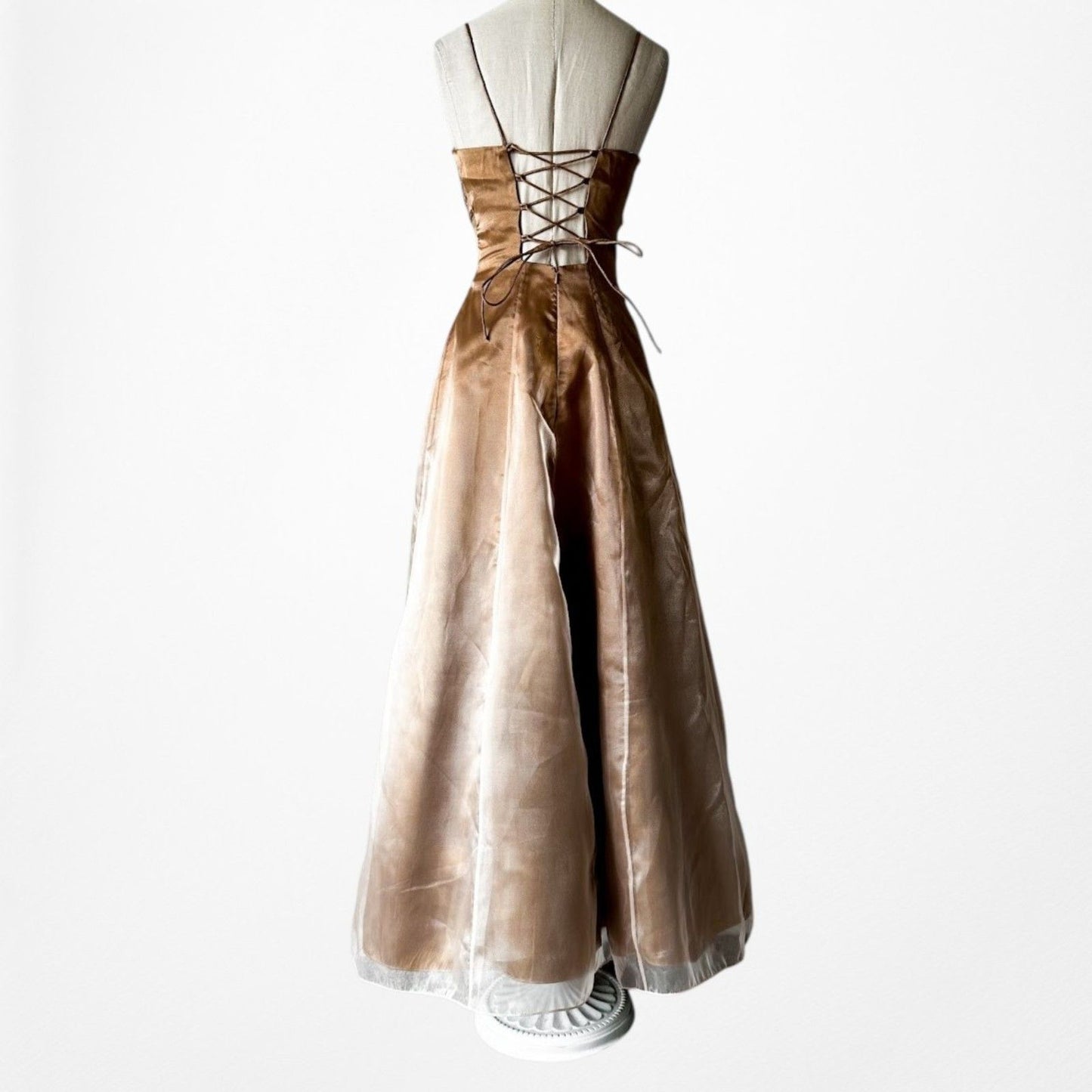 Vintage Y2K 90s Brown Floral Beaded Organza Flared Ombre Maxi Prom Dress XS/S