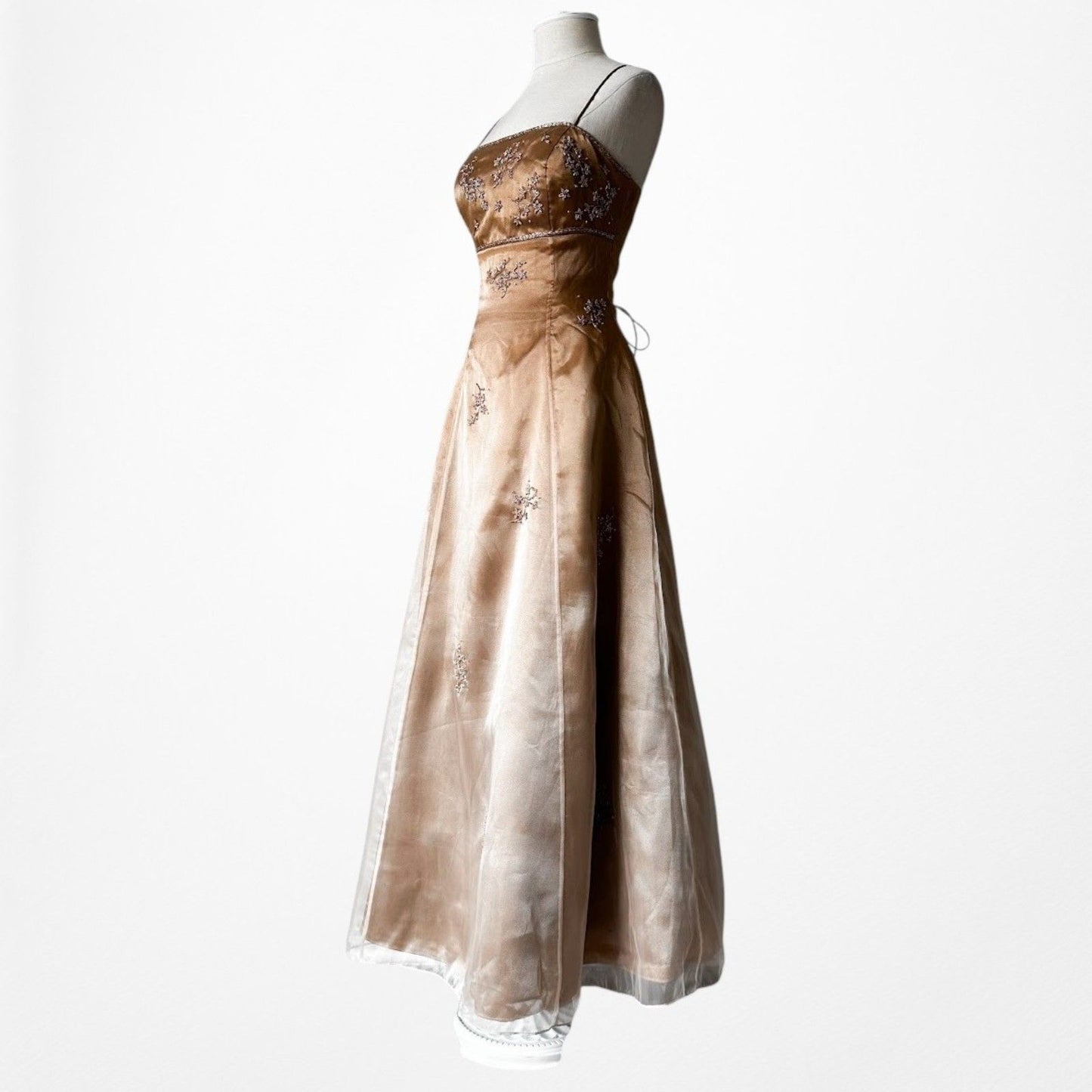 Vintage Y2K 90s Brown Floral Beaded Organza Flared Ombre Maxi Prom Dress XS/S