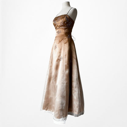 Vintage Y2K 90s Brown Floral Beaded Organza Flared Ombre Maxi Prom Dress XS/S