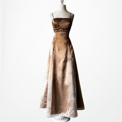 Vintage Y2K 90s Brown Floral Beaded Organza Flared Ombre Maxi Prom Dress XS/S