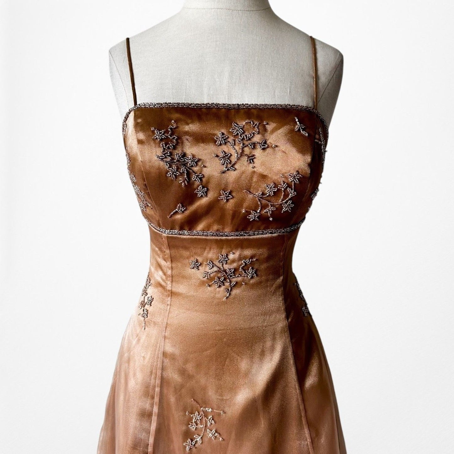 Vintage Y2K 90s Brown Floral Beaded Organza Flared Ombre Maxi Prom Dress XS/S