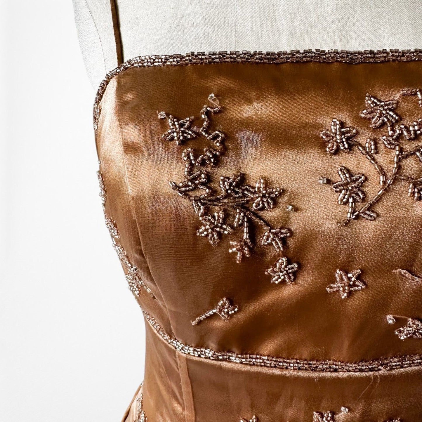Vintage Y2K 90s Brown Floral Beaded Organza Flared Ombre Maxi Prom Dress XS/S