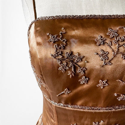 Vintage Y2K 90s Brown Floral Beaded Organza Flared Ombre Maxi Prom Dress XS/S