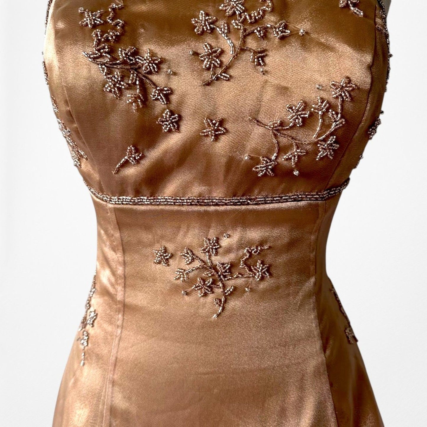 Vintage Y2K 90s Brown Floral Beaded Organza Flared Ombre Maxi Prom Dress XS/S
