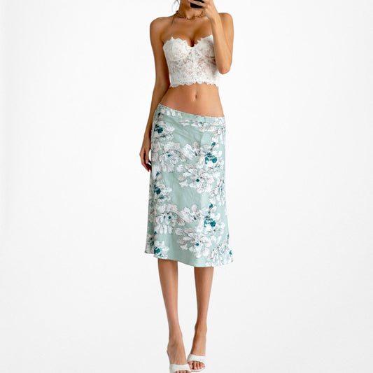 Vintage Y2K Blue White Floral Print A-Line Knee Length Skirt Size S/M