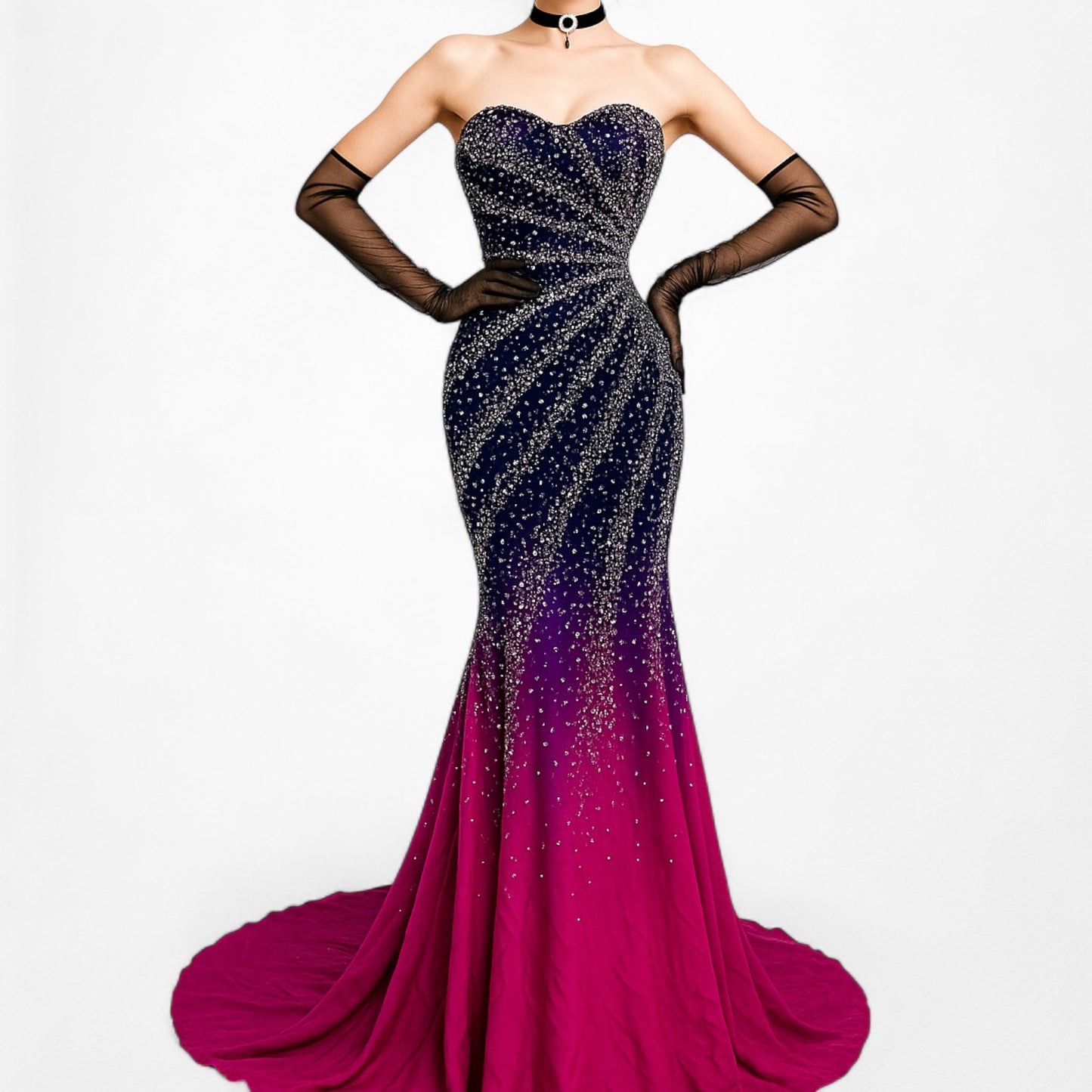 Vintage Y2K Purple Pink Silk Strapless Bodycon Beaded Maxi Prom Dress Size XS