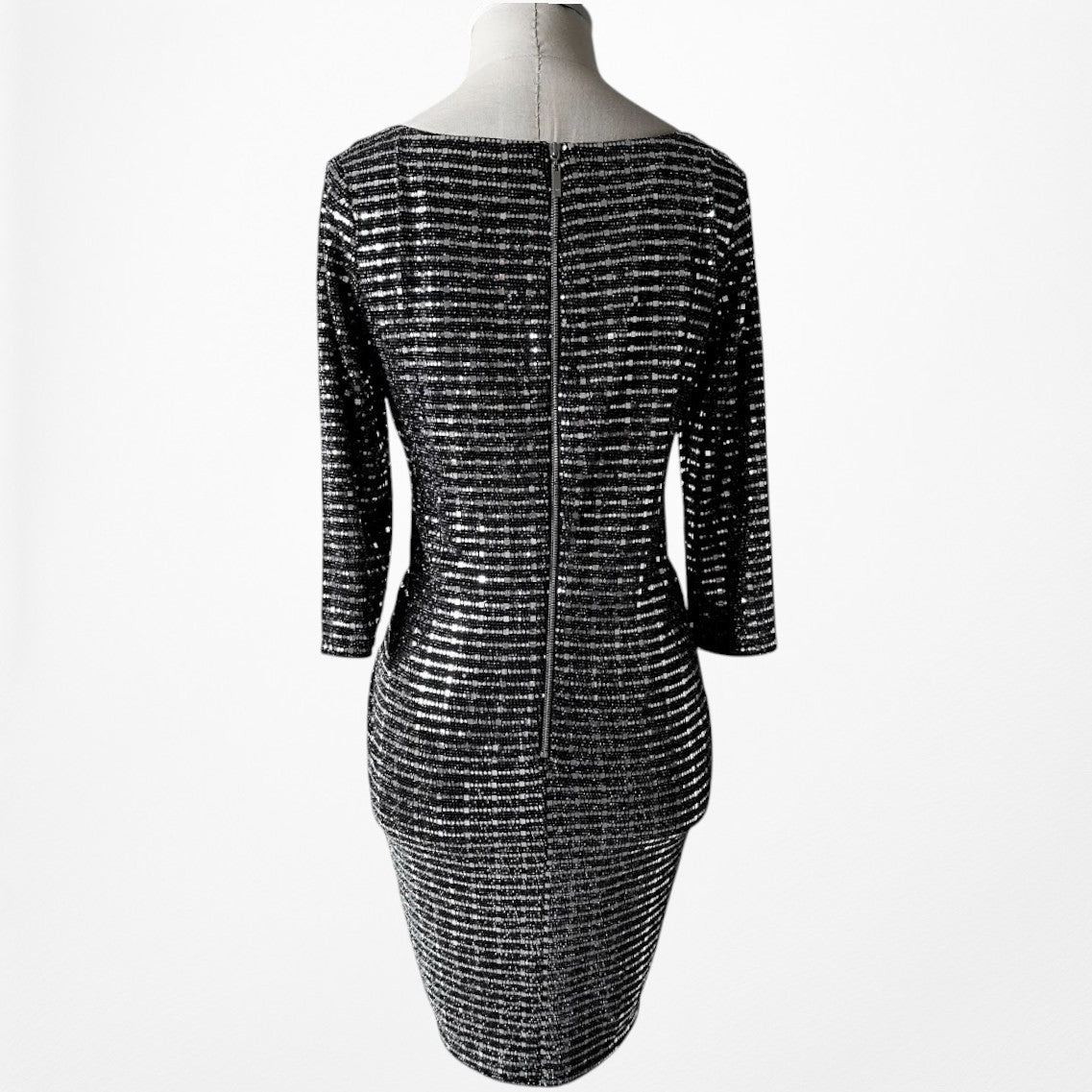 Vintage Y2K Gray Metallic Sequin Knee Length 3/4 Sleeve Cocktail Dress Size L