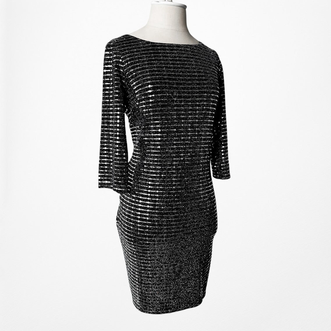 Vintage Y2K Gray Metallic Sequin Knee Length 3/4 Sleeve Cocktail Dress Size L