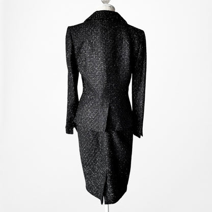 Vintage Y2K Metallic Black Padded Shoulder Blazer Skirt Tweed Suit Set Size M