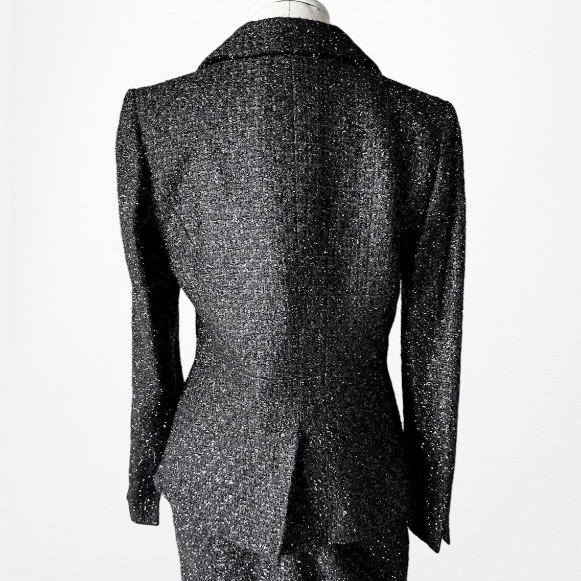 Vintage Y2K Metallic Black Padded Shoulder Blazer Skirt Tweed Suit Set Size M