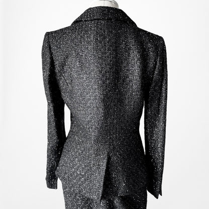 Vintage Y2K Metallic Black Padded Shoulder Blazer Skirt Tweed Suit Set Size M