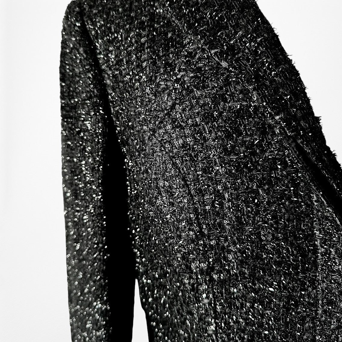 Vintage Y2K Metallic Black Padded Shoulder Blazer Skirt Tweed Suit Set Size M