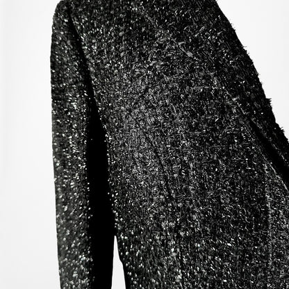 Vintage Y2K Metallic Black Padded Shoulder Blazer Skirt Tweed Suit Set Size M