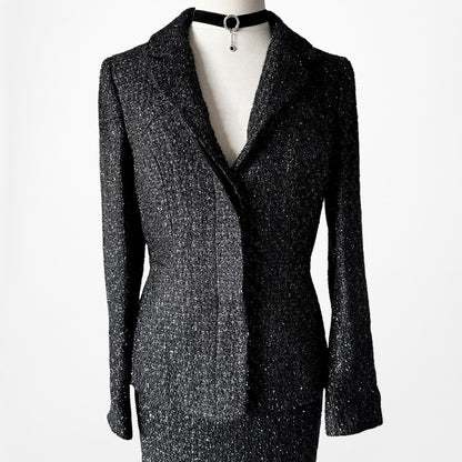 Vintage Y2K Metallic Black Padded Shoulder Blazer Skirt Tweed Suit Set Size M