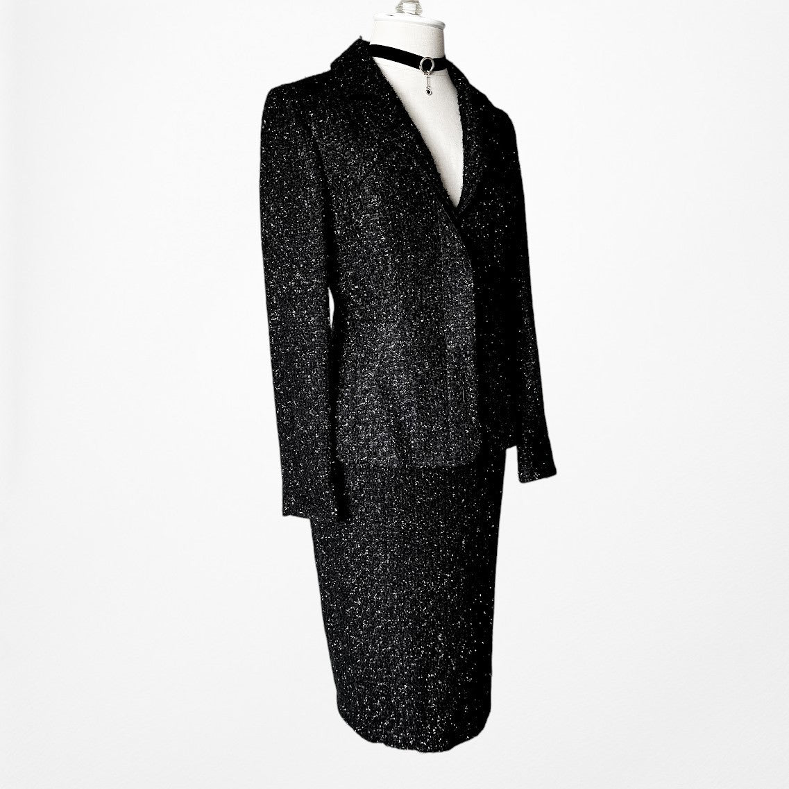 Vintage Y2K Metallic Black Padded Shoulder Blazer Skirt Tweed Suit Set Size M