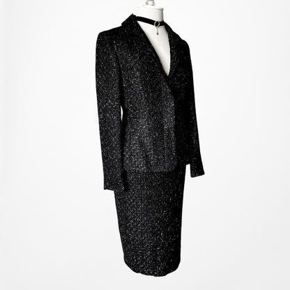 Vintage Y2K Metallic Black Padded Shoulder Blazer Skirt Tweed Suit Set Size M
