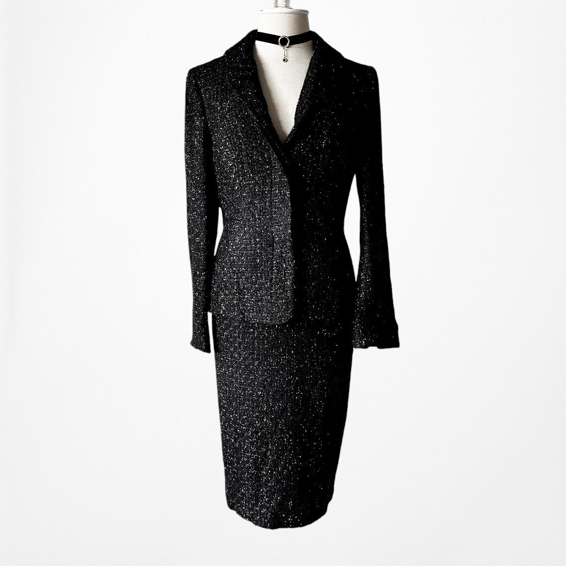 Vintage Y2K Metallic Black Padded Shoulder Blazer Skirt Tweed Suit Set Size M