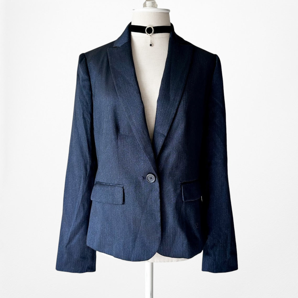 Vintage Y2K Navy Blue Padded Shoulder Blazer Straight Leg Pants Suit Set Size M