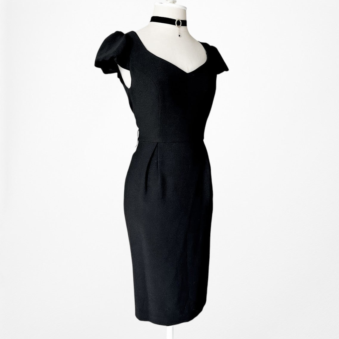 Vintage Y2K Black Capped Sleeve Knee Length Bodycon Cocktail Dress Size M