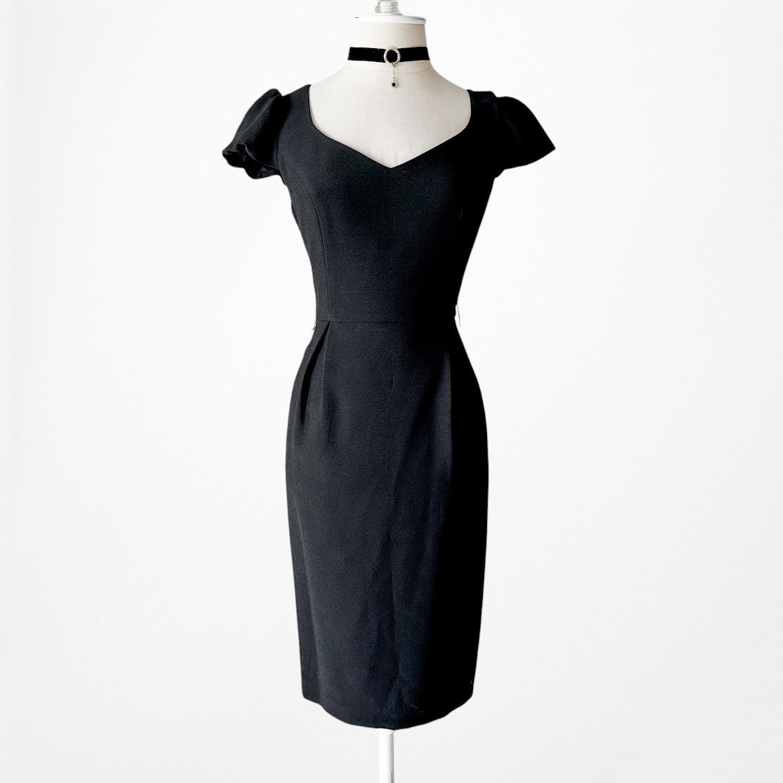 Vintage Y2K Black Capped Sleeve Knee Length Bodycon Cocktail Dress Size M