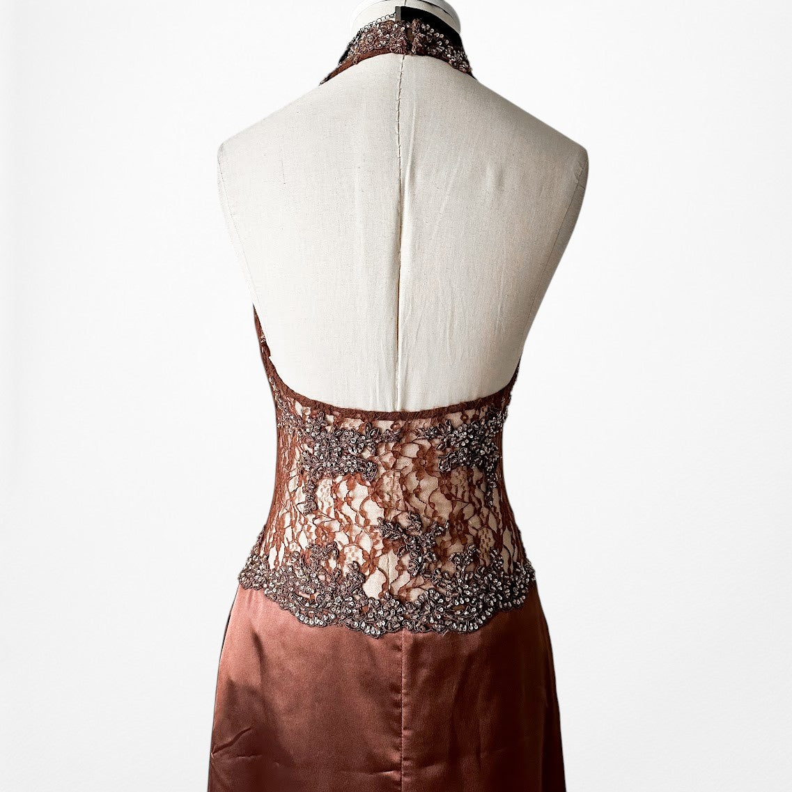 Vintage Y2K Brown Lace Beaded Halter Side Slit Satin Maxi Bodycon Dress Size S