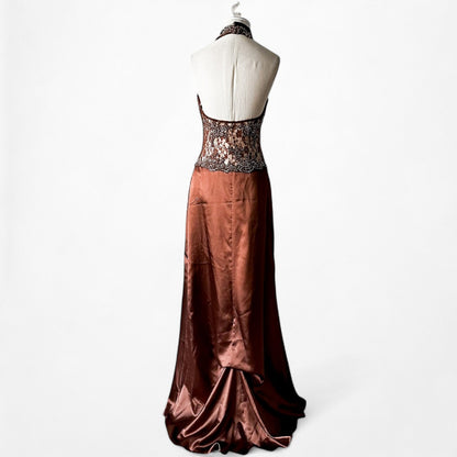 Vintage Y2K Brown Lace Beaded Halter Side Slit Satin Maxi Bodycon Dress Size S