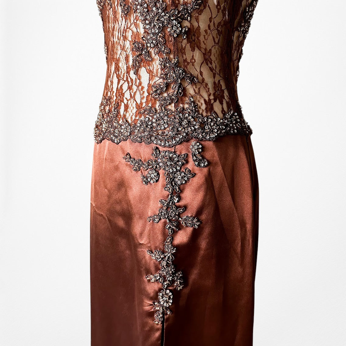 Vintage Y2K Brown Lace Beaded Halter Side Slit Satin Maxi Bodycon Dress Size S