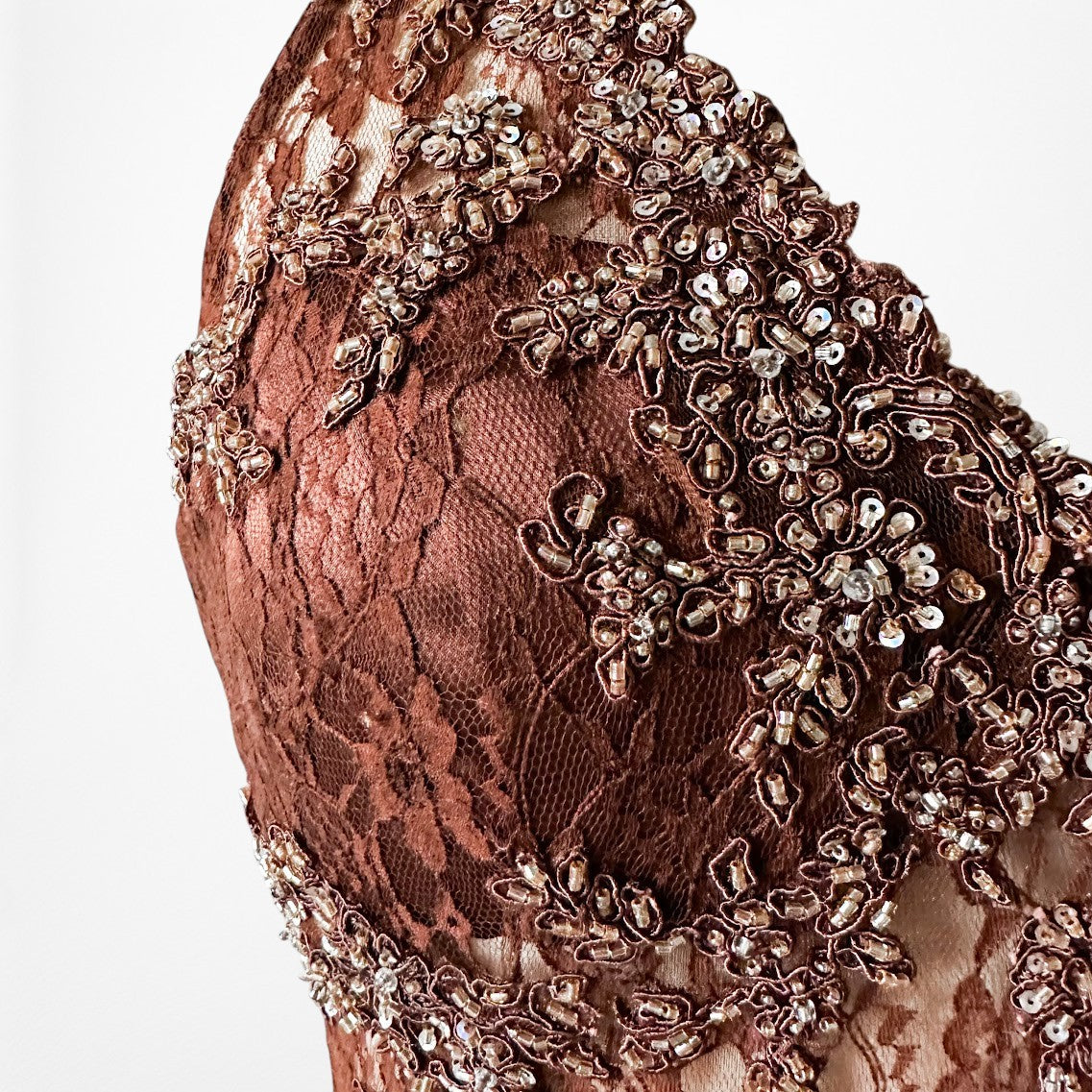 Vintage Y2K Brown Lace Beaded Halter Side Slit Satin Maxi Bodycon Dress Size S