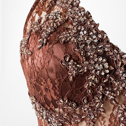 Vintage Y2K Brown Lace Beaded Halter Side Slit Satin Maxi Bodycon Dress Size S