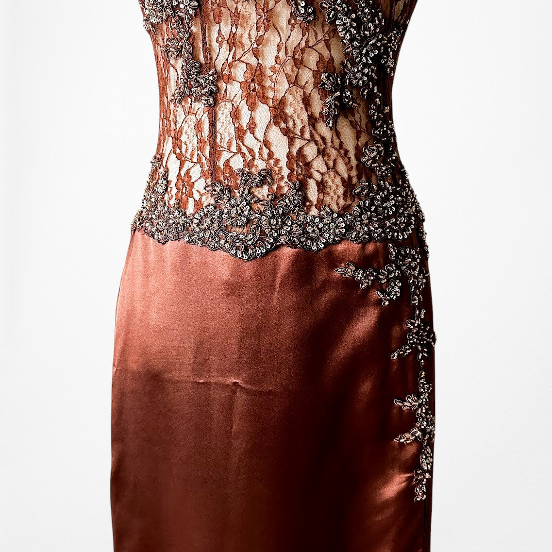 Vintage Y2K Brown Lace Beaded Halter Side Slit Satin Maxi Bodycon Dress Size S