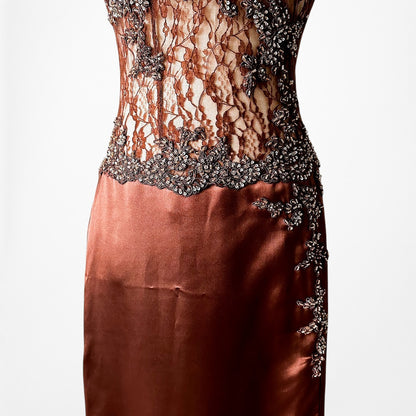 Vintage Y2K Brown Lace Beaded Halter Side Slit Satin Maxi Bodycon Dress Size S