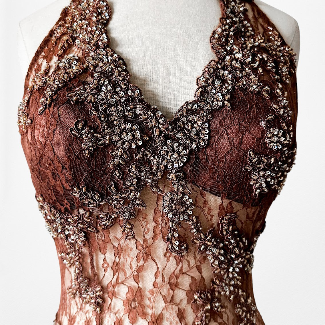 Vintage Y2K Brown Lace Beaded Halter Side Slit Satin Maxi Bodycon Dress Size S