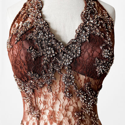 Vintage Y2K Brown Lace Beaded Halter Side Slit Satin Maxi Bodycon Dress Size S
