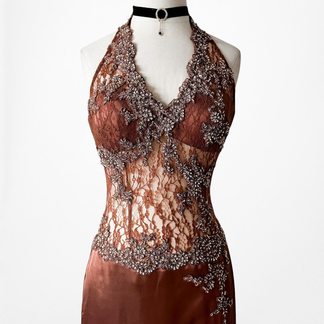 Vintage Y2K Brown Lace Beaded Halter Side Slit Satin Maxi Bodycon Dress Size S