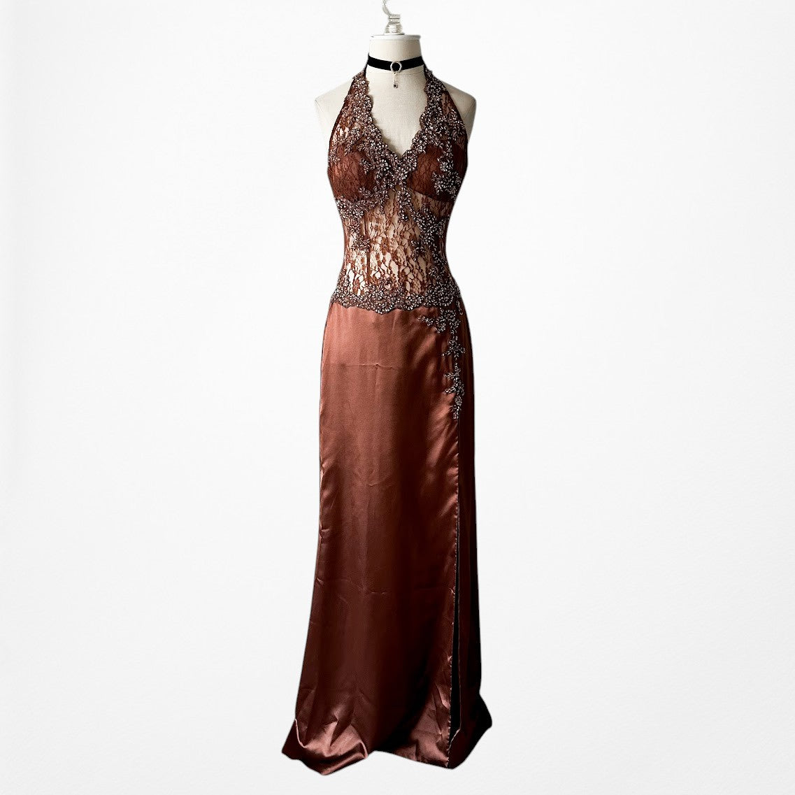 Vintage Y2K Brown Lace Beaded Halter Side Slit Satin Maxi Bodycon Dress Size S