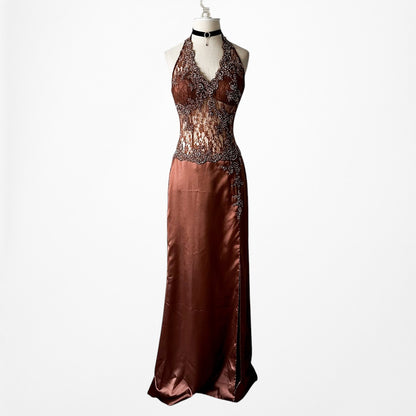 Vintage Y2K Brown Lace Beaded Halter Side Slit Satin Maxi Bodycon Dress Size S
