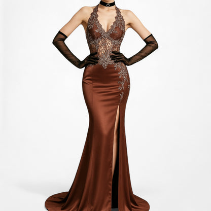 Vintage Y2K Brown Lace Beaded Halter Side Slit Satin Maxi Bodycon Dress Size S