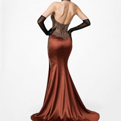Vintage Y2K Brown Lace Beaded Halter Side Slit Satin Maxi Bodycon Dress Size S