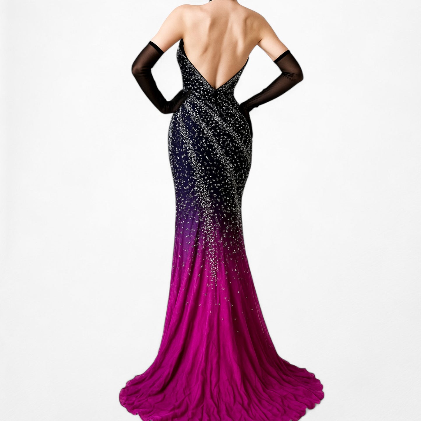 Vintage Y2K Purple Pink Silk Strapless Bodycon Beaded Maxi Prom Dress Size XS