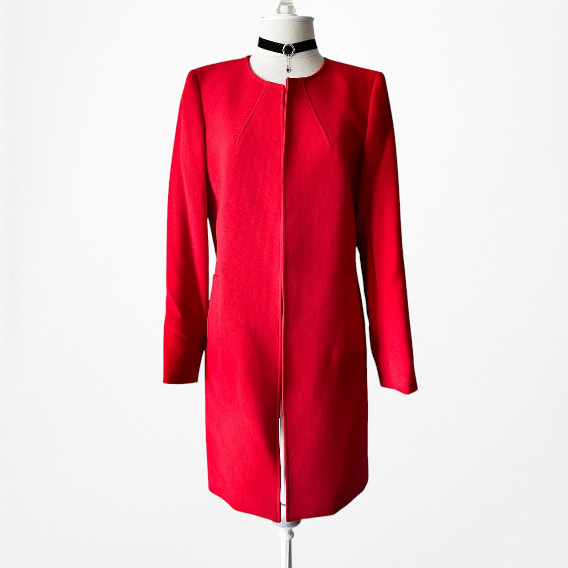 Vintage Y2K Red Padded Shoulder Long Open Front Blazer Jacket Size S/M