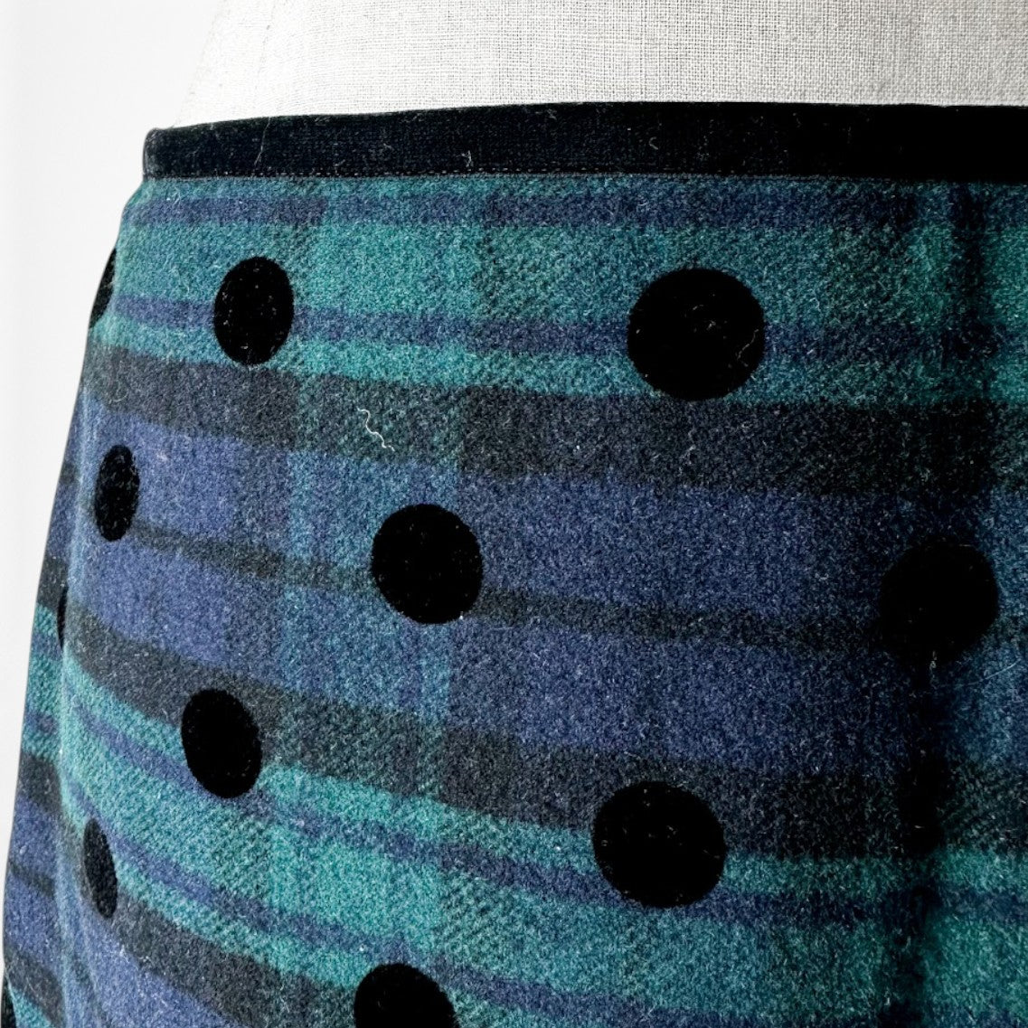 Vintage Y2K Blue Black Wool Blend Polka Dot Checkered Knee Length Pencil Skirt L