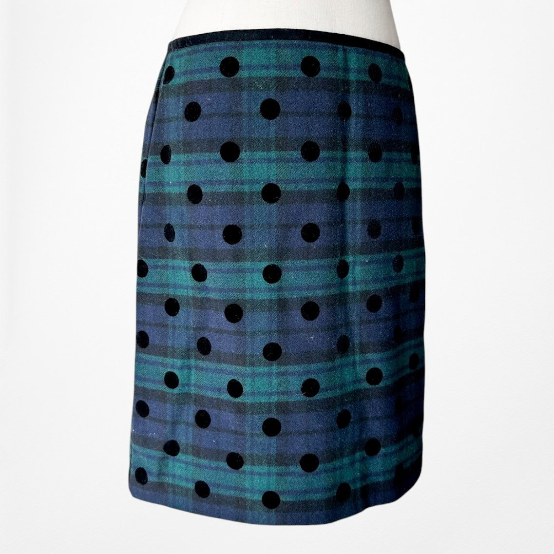 Vintage Y2K Blue Black Wool Blend Polka Dot Checkered Knee Length Pencil Skirt L