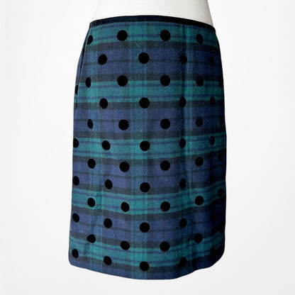 Vintage Y2K Blue Black Wool Blend Polka Dot Checkered Knee Length Pencil Skirt L