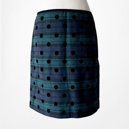 Vintage Y2K Blue Black Wool Blend Polka Dot Checkered Knee Length Pencil Skirt L