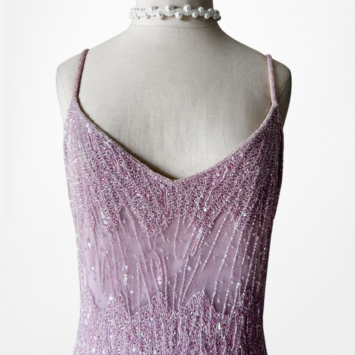 Vintage Y2K Pastel Purple V-Neck Beaded Bodycon Maxi Prom Dress Size M/L